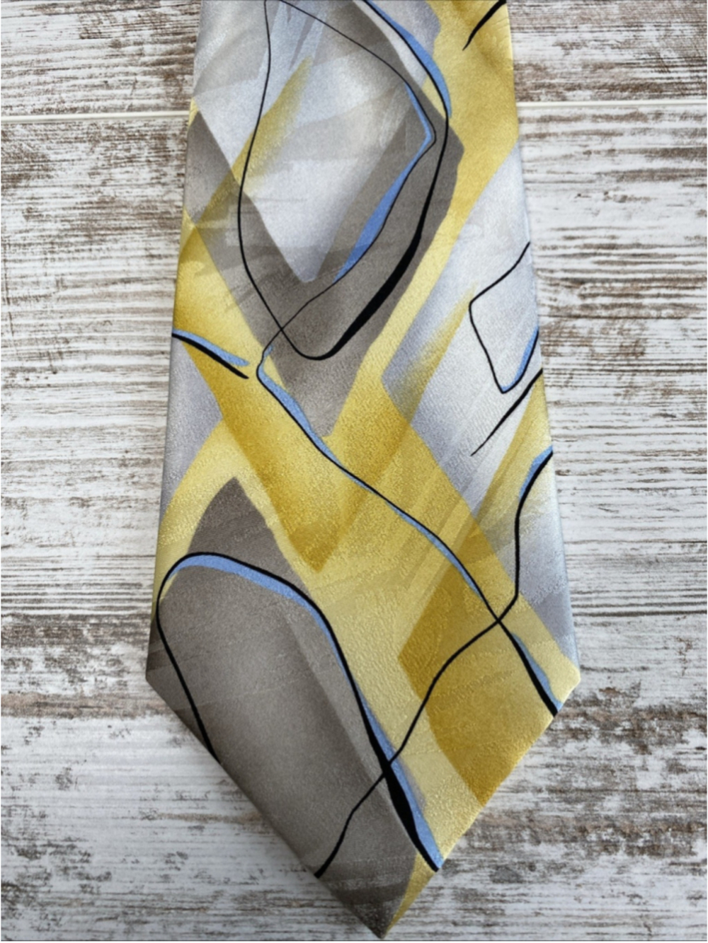 J Garcia Tie Moon Mountain Abstract Yellow Gray Blue Silk Mens 60 x 3.5